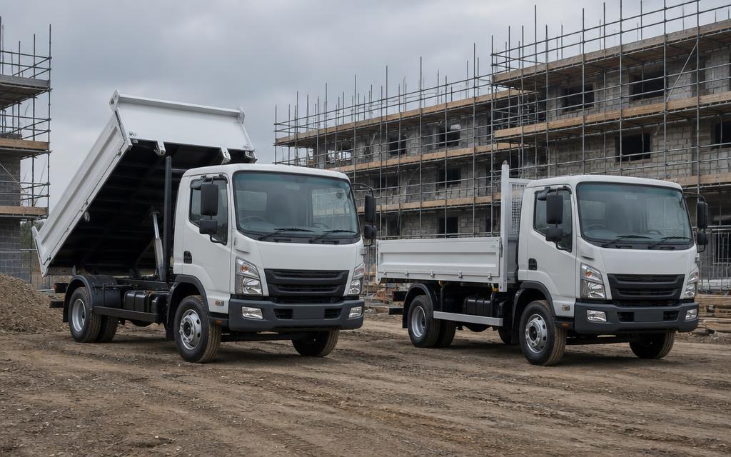 Brand-new tipper and dropside trucks parked at a UK construction site