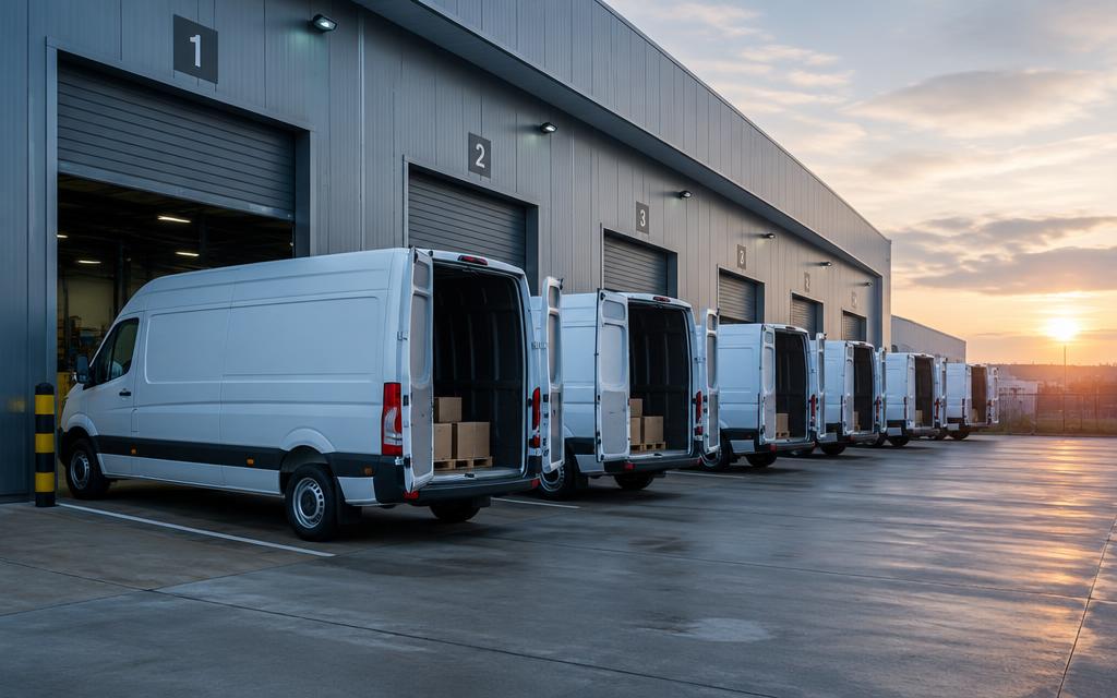 A line of white parcel delivery vans at a UK sorting depot at dawn