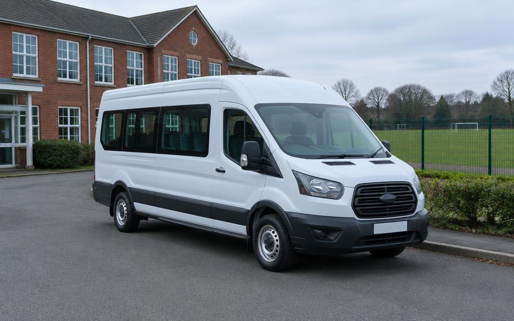 A new white minibus parked outside a red-brick British school