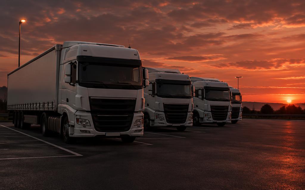 White articulated lorries lined up at a UK motorway services at dusk