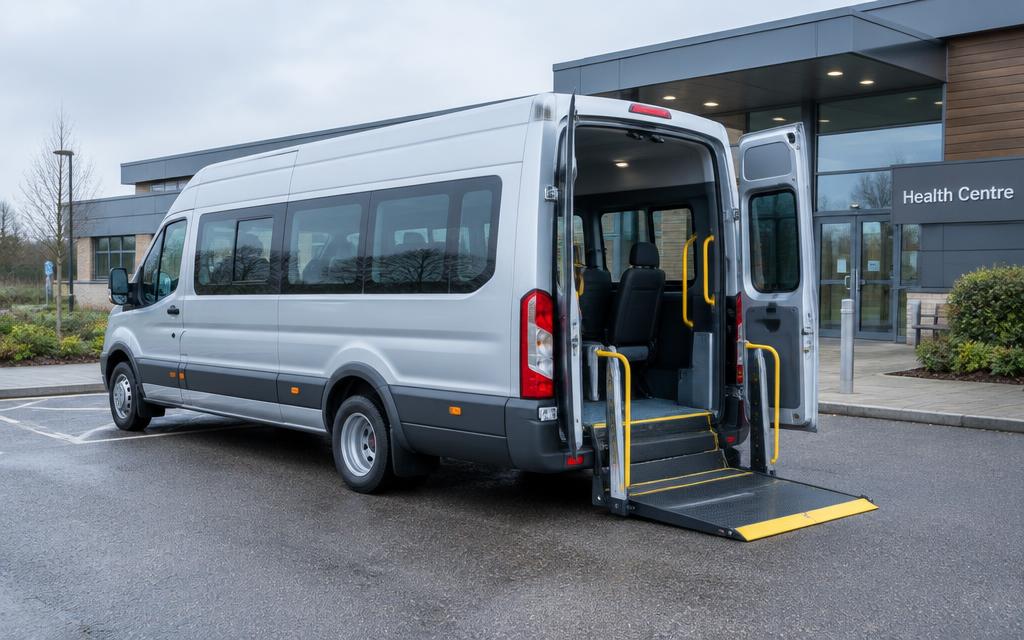 An accessible community minibus with a tail lift outside a modern health centre