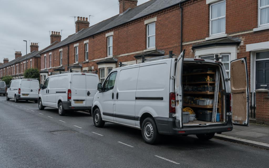 White trades vans parked along a row of red-brick British terraced housing