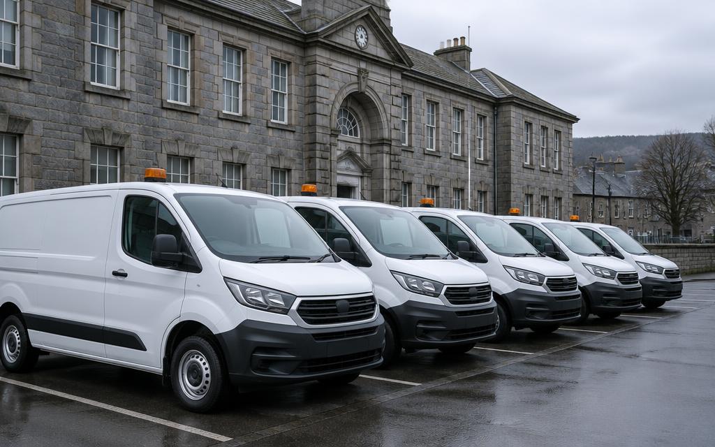 A row of new white service vans with amber beacons outside a British civic building