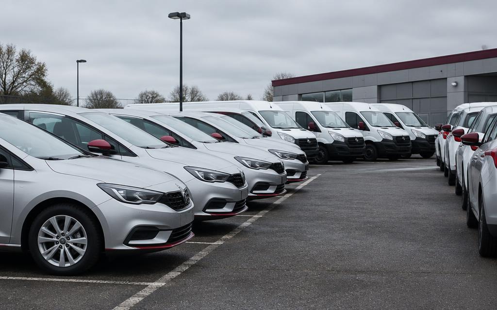 Rows of clean brand-new hire cars and vans at a rental depot forecourt