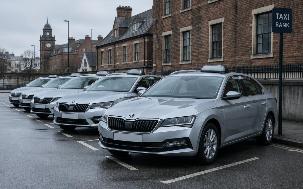 A row of brand-new silver taxis at a UK city taxi rank