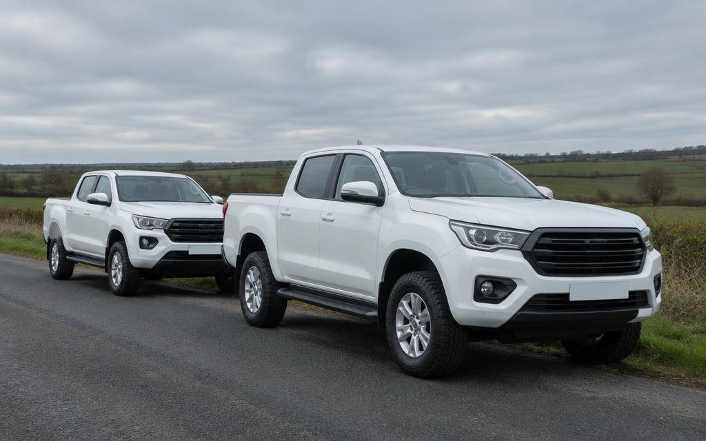 New white 4x4 double-cab utility vehicles parked on a rural British roadside