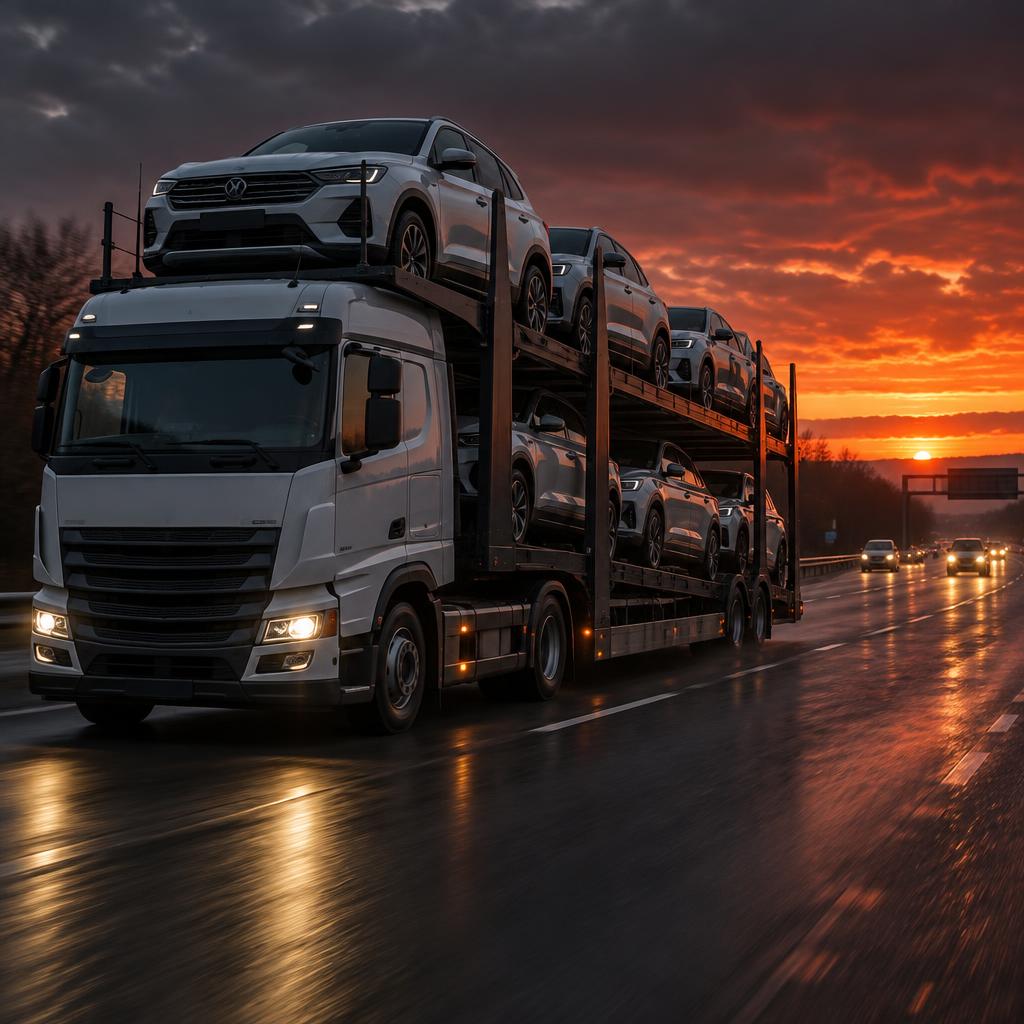 A car transporter lorry carrying brand-new vehicles along a UK motorway at sunset