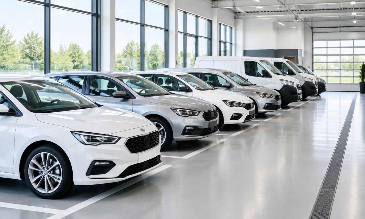 A row of brand-new cars and small vans in a handover bay