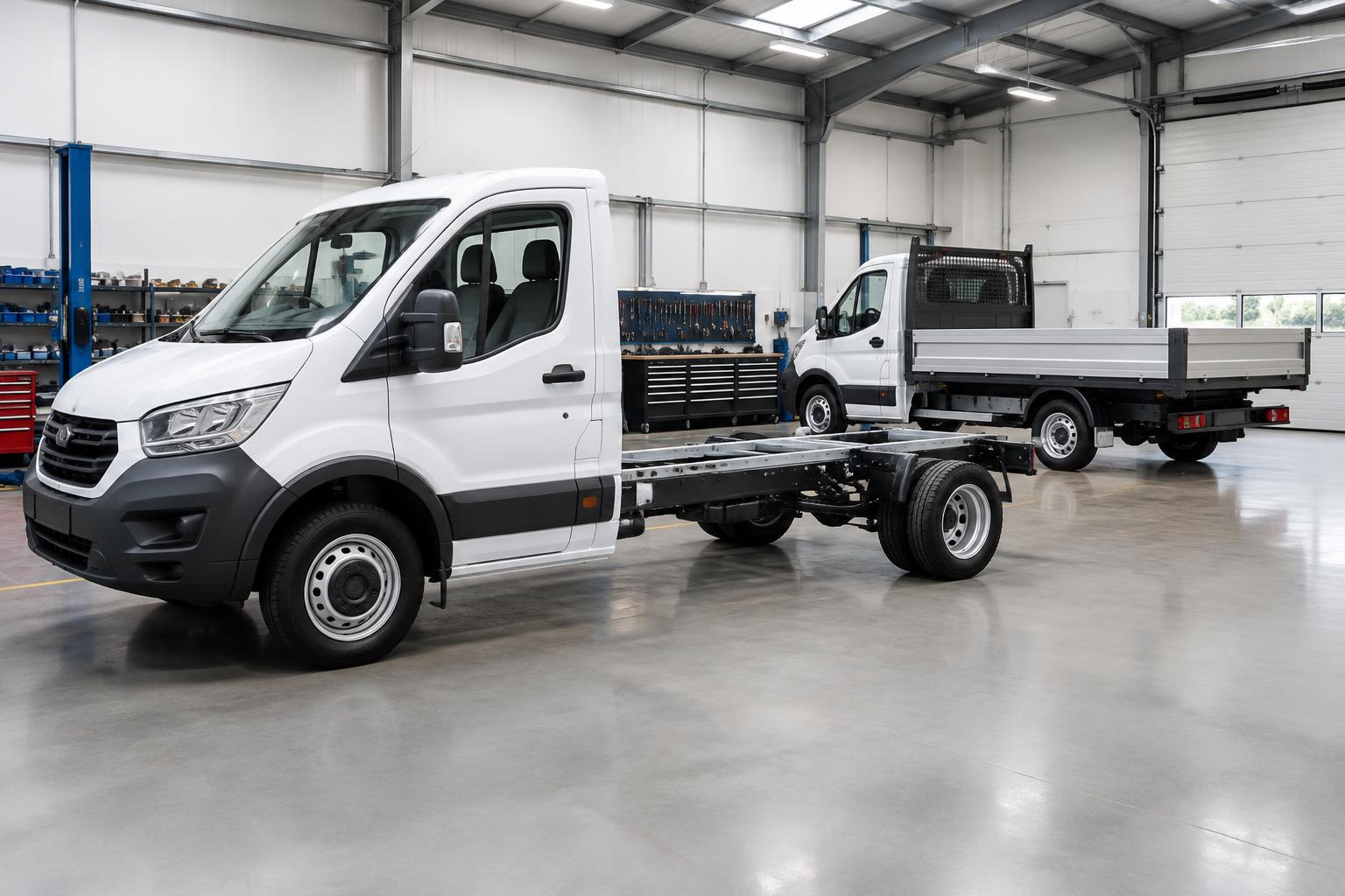 A chassis cab being converted in a specialist workshop