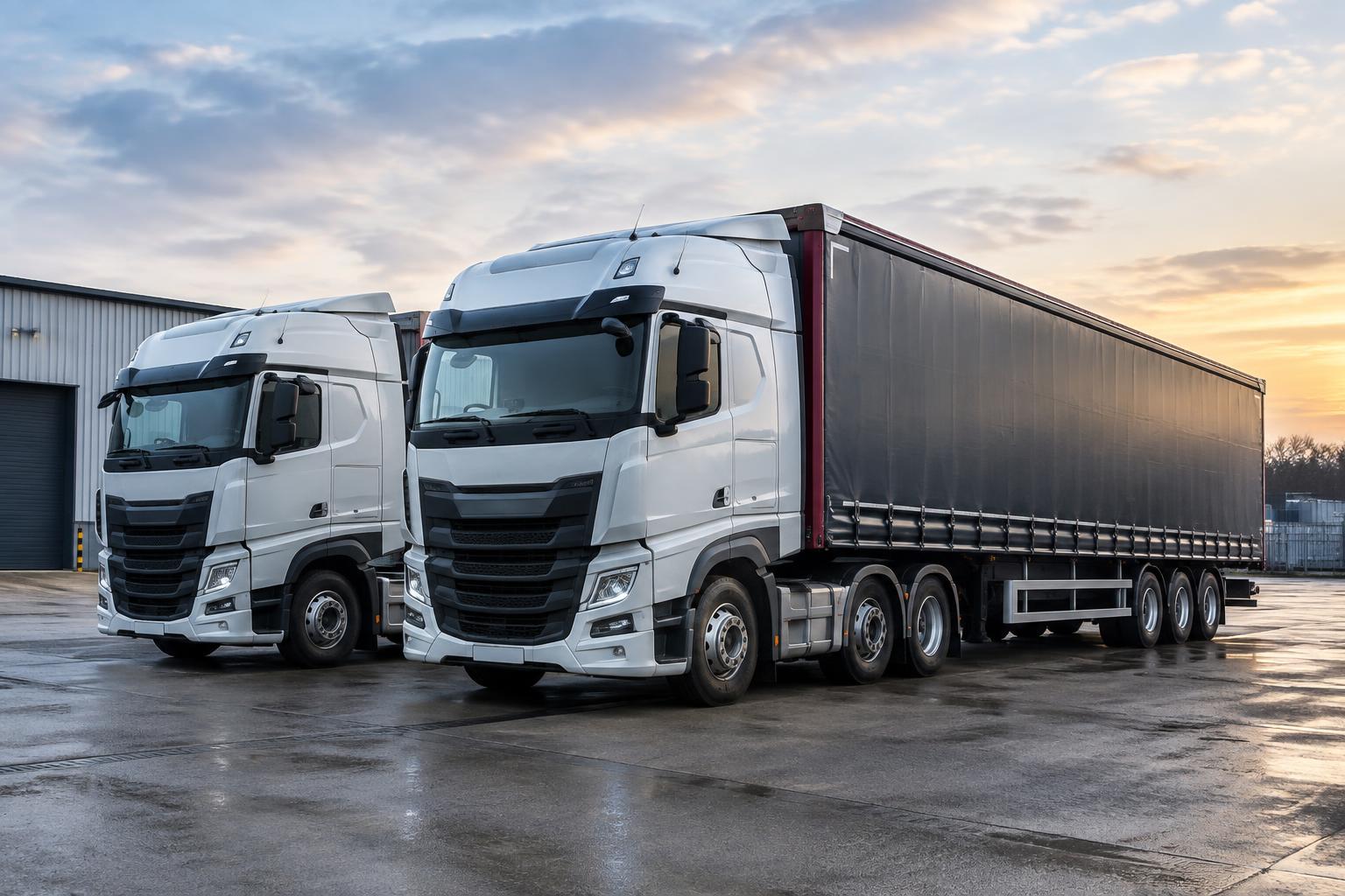 A brand-new high-roof HGV tractor unit at golden hour