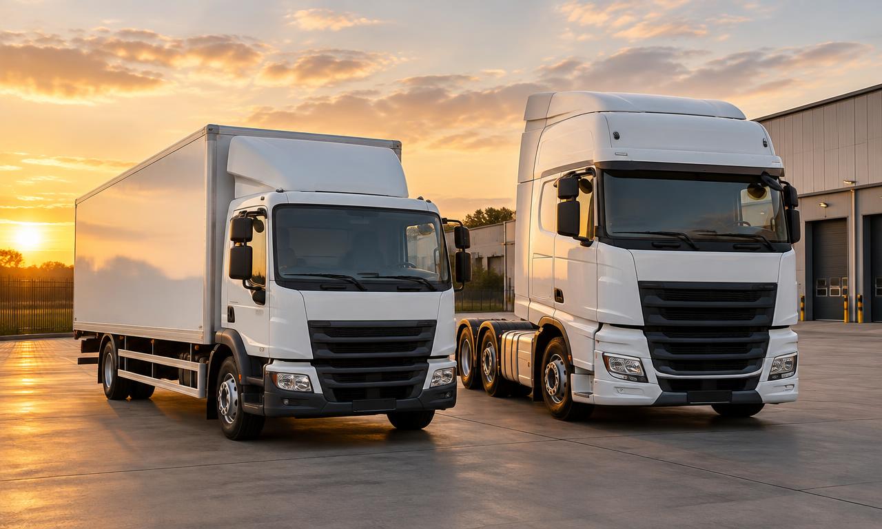 A brand-new rigid box truck in a distribution yard at sunset