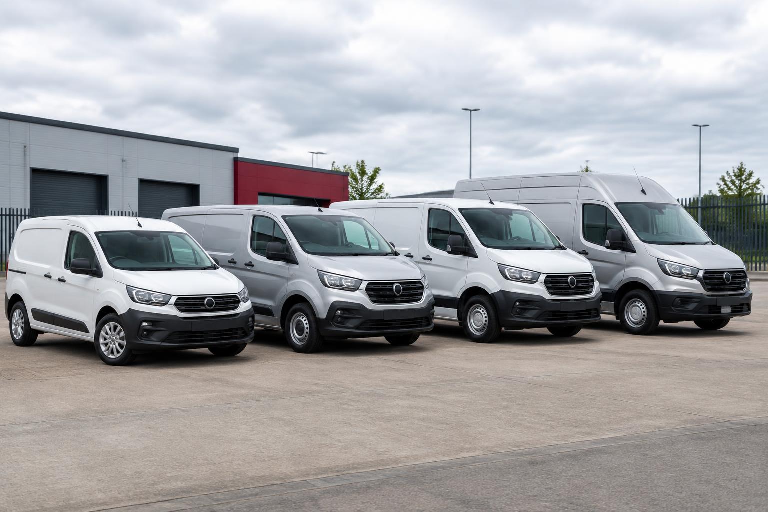 Brand-new panel vans lined up ready for handover
